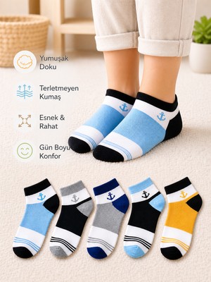 Hobins Sportswear & Company 5 Çift Çocuk Çorabı Çapa Çember Desenli Patik Çorap