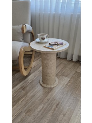 Uğurlu Ayna Traverten Görünümlü Bohem Mantar Dekoratif Yan Sehpa / Zigon - 38 cm