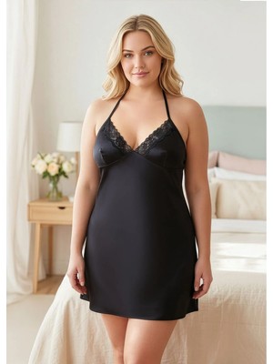 QKK Kadın Büyük Beden Desenli Saten Gecelik - Kırmızı Dantelli Plus Size Gecelik