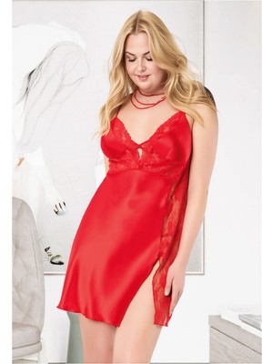 QKK Kadın Büyük Beden Desenli Saten Gecelik - Kırmızı Dantelli Plus Size Gecelik