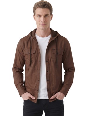 Deepsea Kahve Kapüşonlu Likralı Kot Gömlek – Slim Fit Çıt Çıt Kapamalı Erkek Gömlek 2300396