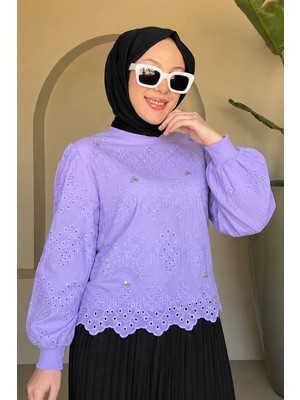 Tesettür Diyarı Hima Brode Dantel Kumaş Ribana Yaka  ve Manşetli Bluz- Lila