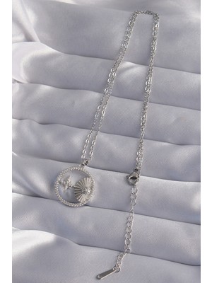 Cm Store 316L Çelik Zincir Gümüş Renk Zirkon Taşlı Yıldız Figürlü Oval Kolye 5886