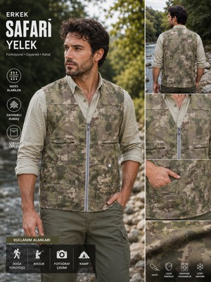 Kavaklıdere Giyim Erkek Kamuflaj Safari Yelek Çok Cepli Fermuarlı Outdoor Avcı Balıkçı Kamp Yeleği