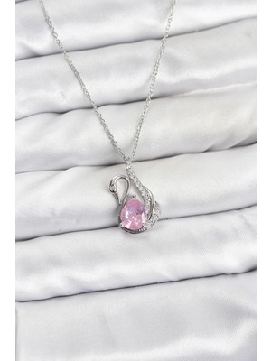 Cm Store 316L Çelik Zincir Gümüş Renk Pembe Kuğu Model Zirkon Taşlı Kadın Kolye 5886