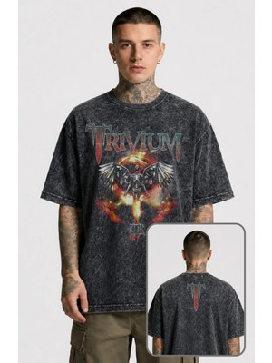 Unisex Trivium Ense Baskılı Yıkamalı T-Shirt, Oversize Rock Band Temalı Retro Tişört