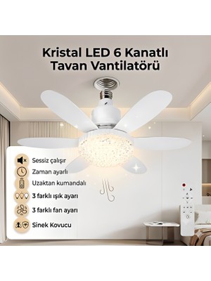 Çemi 3 Renkli Kristal LED Lambalı Tavan Vantilatörü 6 Kanatlı Uzaktan Kumandalı Avize E27 Duylu Vantilatörlü Lamba