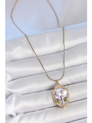 Cm Store 316L Çelik Gold Renk Mor Incili Çiçek Işlemeli Portre Model Kadın Kolye 5886