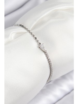 Cm Store Pirinç Zirkon Taşlı Damla Model Ezme Zincir Gümüş Renk Kadın Bileklik 5886