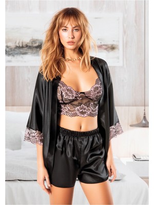 QKK Kadın Saten 3'lü Şortlu Pijama Takımı Dantel Detaylı Şık Ev Giyimi