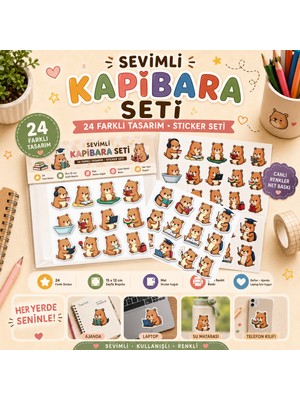 Tişört Kodu Sevimli Kapibara Seti – 24 Farklı Tasarımlı Sticker Koleksiyonu