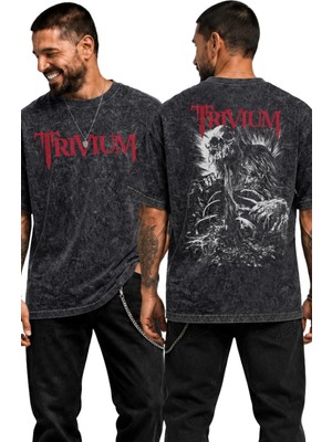 Unisex Trivium Sırt Baskılı Yıkamalı T-Shirt, Oversize Rock Band Trivium Temalı Retro Tişört