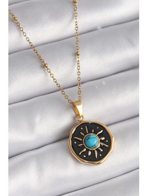 MiraLive 316L Çelik Gold Renk Mavi Boncuk Güneş Işleme Madalyon Model Kadın Kolye - TJ-BKO9524