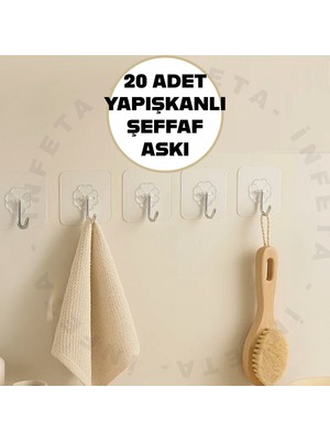 İnfeta 20 Adet Güçlü Kendinden Yapışkanlı Şeffaf Kapı Duvar Askıları Banyo Mutfak Kapı Duvar Askısı