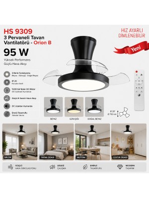 Helios 3 Pervaneli Tavan Vantilatörü 95W, 3 Renk Fonksiyonlu, Dim Edilebilir
