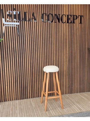 Silla Concept Bar Tabure Teddy Krem Kumaş Naturel Ahşap Ada Taburesi
