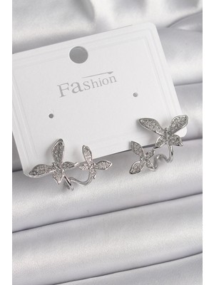 MiraLive Pirinç Gümüş Renk Zirkon Taşlı Kelebek Model Kadın Küpe - TJ-BKP9839