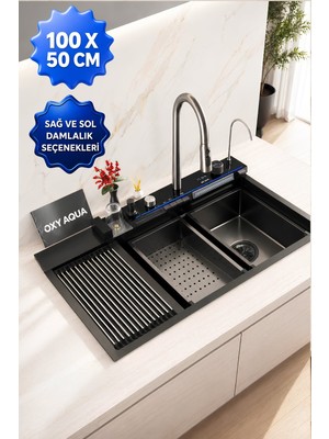 Oxy Aqua Vega 100X50 cm Sağ ve Sol Damlalıklı Akıllı Teknolojik Eviye Seti Paslanmaz Bal Peteği Taban Akıllı Evye