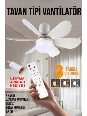 Fitfiyat 6 Kanatlı Sessiz LED Işıklı Çok Fonksiyonlu Kolay Kurulum Tavan Vantilatörü UZATMA APARATI Hediye