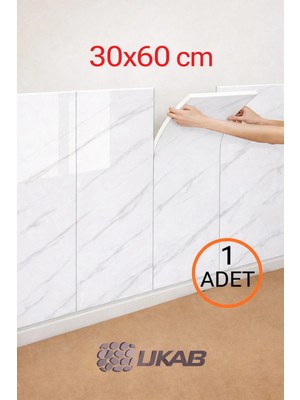 Ukab Dekor 1 Adet 60X30 cm Kendinden Yapışkanlı Dekoratif Seramik Mermer Görünüm Beyaz Duvar Paneli
