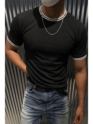 Oksit Santa Çizgili Scuba Yaka ve Kol Ribanalı Spor Şık Erkek T-Shirt