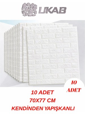 Ukab Dekor 70X77 cm Kendinden Yapışkanlı Dekoratif Doğal Beyaz Tuğla Görünüm Duvar Paneli 10 Adet