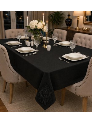 Zeren Home Lotus Fransız Dantel Detaylı Simsiz Siyah Masa Örtüsü | El Işçiliği Dantel Aplikeli | %100 Polyester | Özel Ölçü Dikim