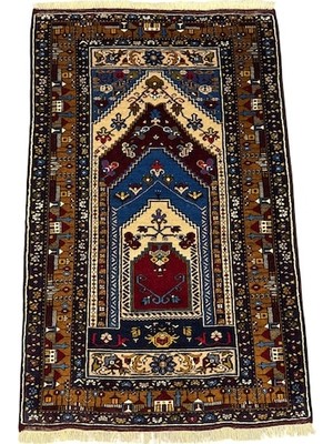 Burak Halı El Dokuma Sıfır Yahyalı Halısı 110X187 Kemerli Model Kök Boya %100 Yün Halı Lacivert