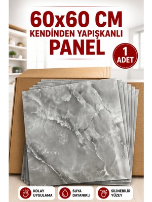 Ukab Dekor 60X60 cm Gri Desenli Kendinden Yapışkanlı Seramik Köpük Pvc Duvar Paneli Banyo Wc Mutfak