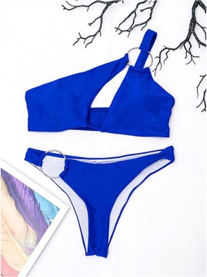 AGM Metal Halka Detaylarına ve Asimetrik Kesiklere Sahip Mavi Bikini Takım , Mavi Tek Omuzlu Halkalı Bikini