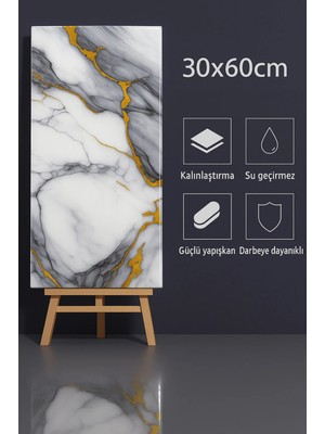Ukab Dekor 30X60 Cmkendinden Yapışkanlı Esnek Köpük Mavi Gold Pvc Mermer Panel Wc Banyo Mutfak TJ007