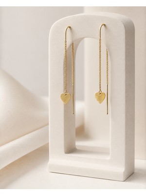 Sarezza Gold 14 Ayar Altın Minimal Sade Kalp Sallantılı Zincir Küpe