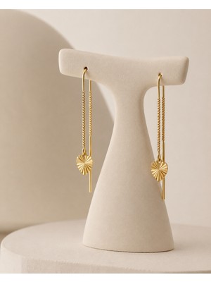 Sarezza Gold 14 Ayar Altın Işın Desenli Kalp Figürlü Zincir Küpe