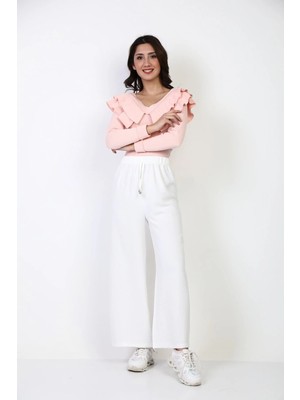 Tüccar Umut Huban Moda Kadın Ekru Beli Lastikli Bol Paça Salaş Yazlık Pantolon AEROBIN-865829