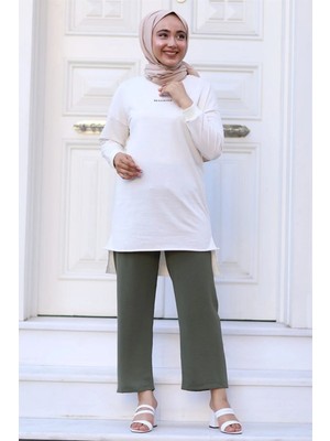 Tüccar Umut Huban Moda Kadın Haki Beli Lastikli Bol Paça Salaş Yazlık Pantolon AEROBIN-865829 AEROBIN-865829