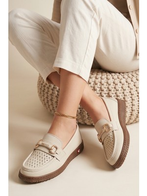 Liarca Odessa Comfort -  Ortopedik 4 Nokta Taban Destekli Nefes Alabilir Lazer Kesim Günlük Rahat Krem Rengi Kadın Casual Ayakkabı Hafif Yürüyüş Loafer