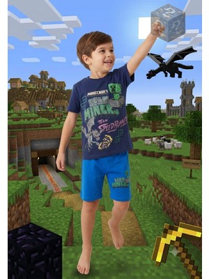 Minecraft Erkek Çocuk Minecraft Baskılı Şortlu Takım - Creeper Pamuklu Yazlık Tişört ve Şort Seti