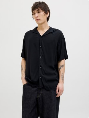 Jack & Jones JJEJEFF SOLID RESORT SHIR Siyah Erkek Uzun Kollu Gömlek
