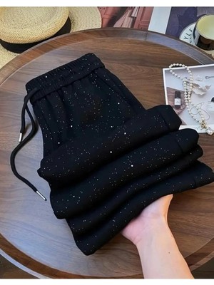 Tüccar Umut Season 1 Kadın Siyah Eşofman Altı Shine Parıltılı Taş Baskılı Pamuk Polyester Kumaş