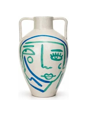 Vivense Beyaz Mavi Turkuaz Soyut Yüz Terracotta Vazo Boho
