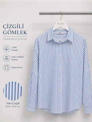 Parkur Dikey Çizgili Oversize Kadın Gömlek – Saks Mavi