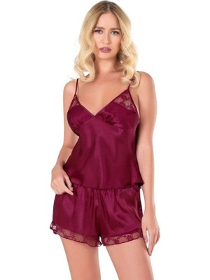 Amora Secret  Bordo Saten Babydoll Şort Takımı