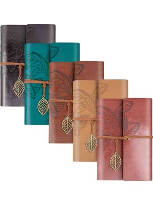 Wolawood Premium Seri Dört (5) Adet Deri Defter Yaprak Desenli, Eskitme Sayfa, Spiralli, Vintage Hatıra, Ajanda, Günlük Not Defteri Hediyelik Set