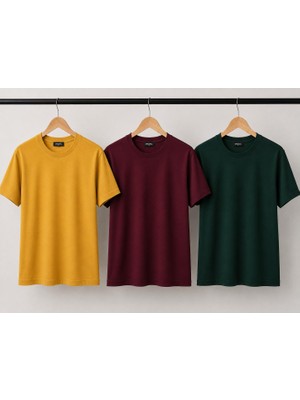 Mavimoure Unisex Basic Bisiklet Yaka 3 Lü Pamuklu Düz Renk T-Shırt
