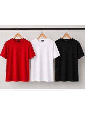 Mavimoure Unisex Basic Bisiklet Yaka 3 Lü Pamuklu Düz Renk T-Shırt