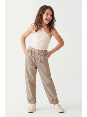 Joy Kids Kız Çocuk %100 Pamuk Duble Paça Keten Pantolon (15-17YAŞ) (Bej)