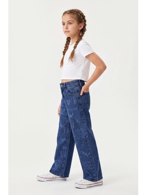Joy Kids Kız Çocuk Lazer Baskılı Kot Pantolon (6-9yaş) (Mavi)