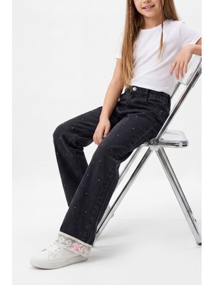 Joy Kids Kız Çocuk Dantel Işlemeli Paça Taşlı Özel Premium Seri Kot Pantolon (12-15YAŞ)