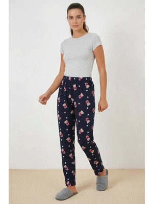 Hanka Kadın Lastikli Bel Ayı Desenli Lacivert Pijama Altı