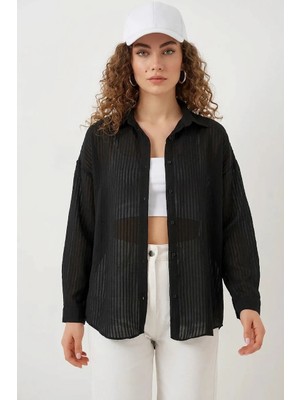 Hanka Kadın Oversize Dikey Çizgili Viskon Siyah Gömlek